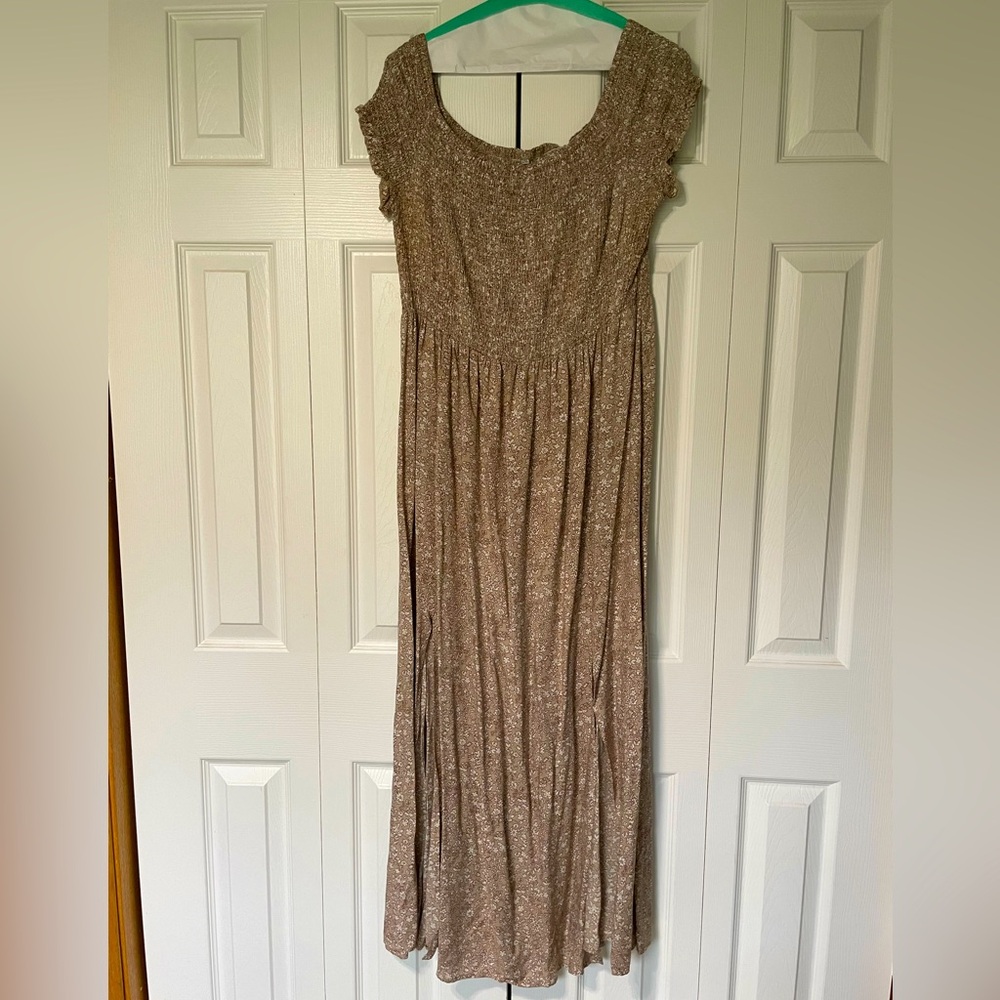 Tan smocked maxi with white floral print